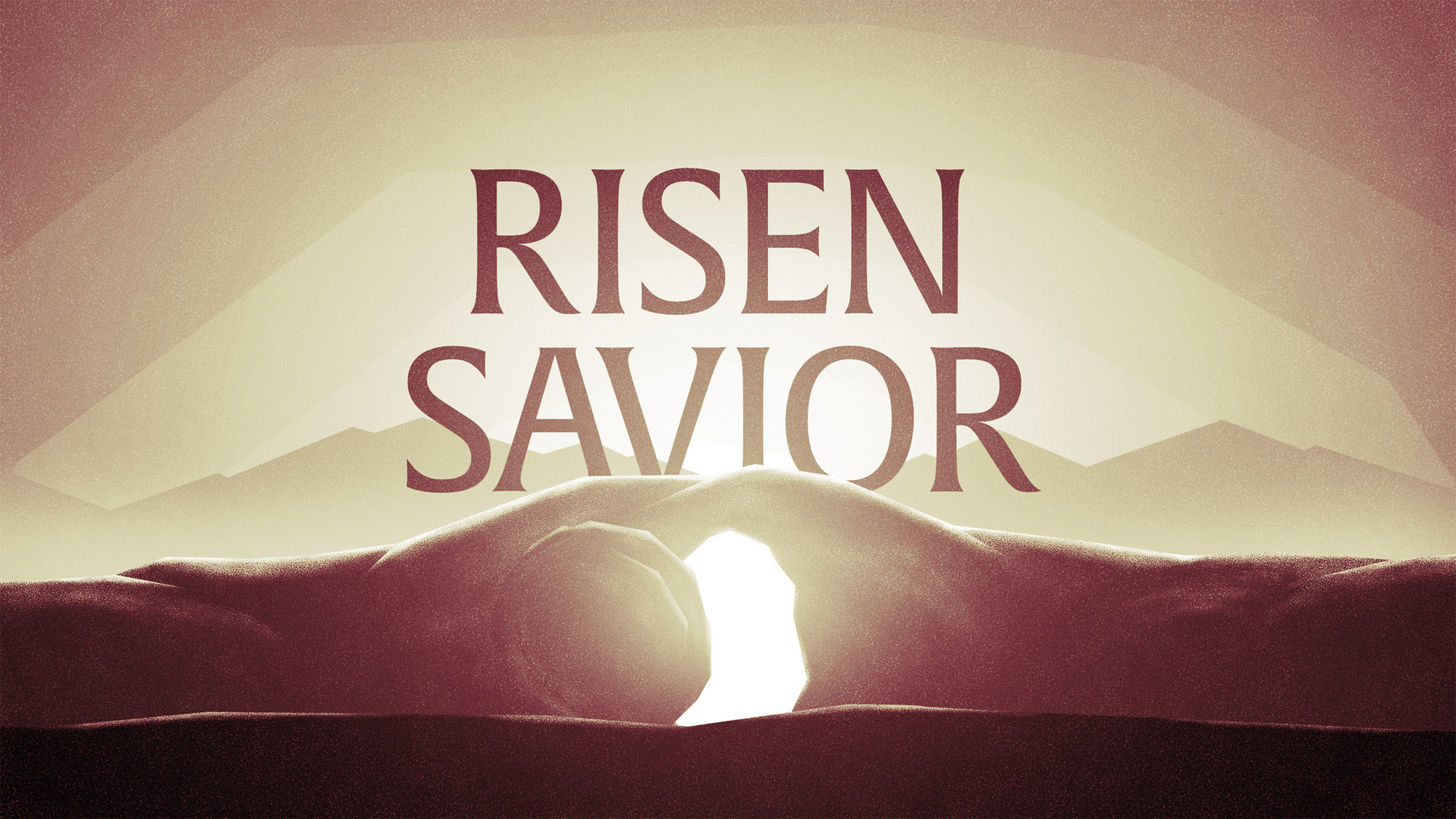 Picture of empty tomb with stone rolled away and the words 'Risen Savior' super-imposed.